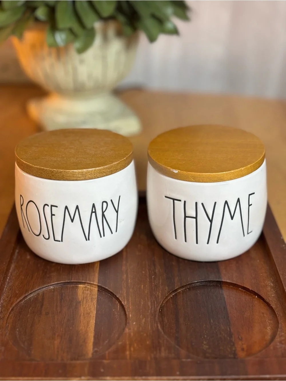 Rae Dunn 4 PC White Ceramic Herb Jars Wood Lids Basil Tarragon Rosemary Thyme
